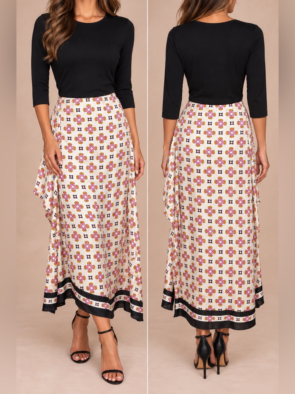 Maje Cream Maxi Skirt with Pink & Gold Geometric Print
